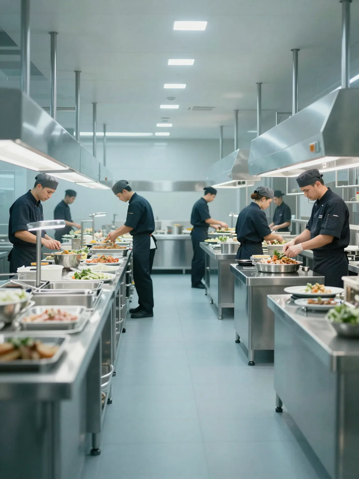 Codemax VisionAI monitoring a modern central-kitchen commissary in real time — a stainless-steel prep line with staff at work