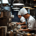 Central kitchen staff preparing food using standardized batch production processes