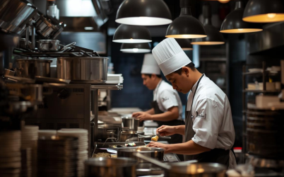 Central kitchen staff preparing food using standardized batch production processes