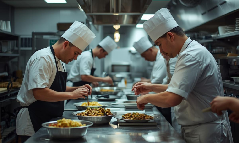 Central kitchen team managing bulk food preparation with standardized workflows supported by ERP